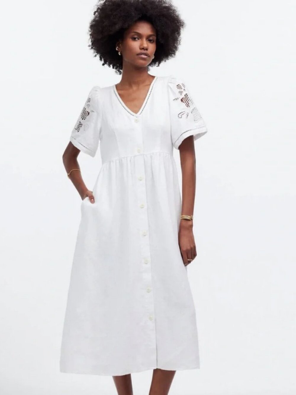 🤍 Madewell White Linen Midi Dress M 🌿 Cottagecore Embroidered Sleeve Boho